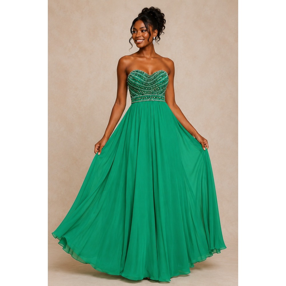 Sherri Hill Emerald Green Beaded Sweetheart Chiffon Gown Dress Size 6